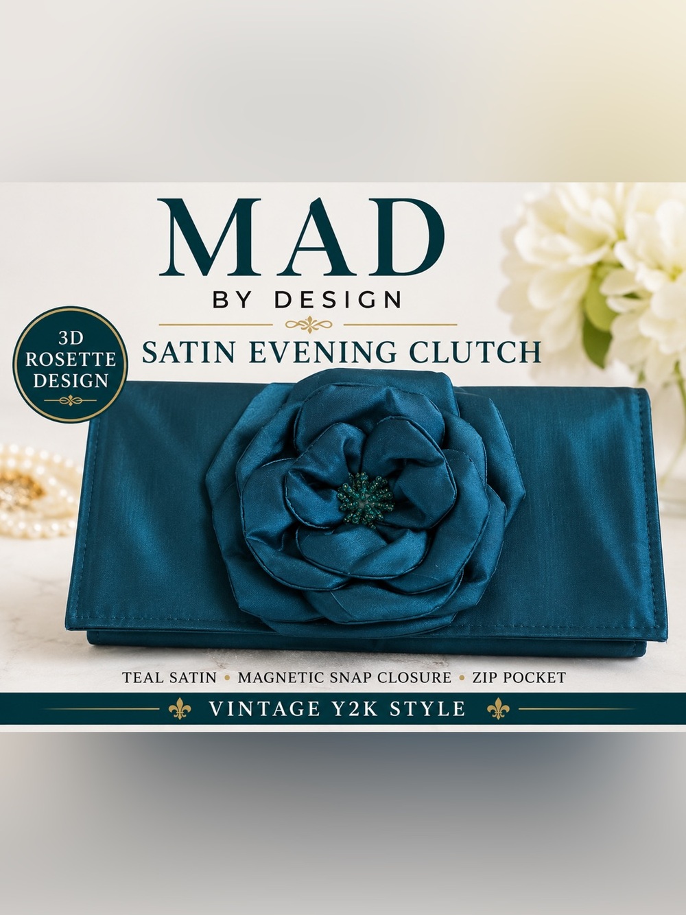 Vintage Mad by Design Teal Satin 3D Rosette Flower Evening Clutch Y2K